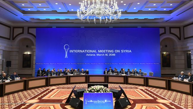 На встрече глав МИД стран-гарантов перемирия в Сирии , которая проходит в Астане. 16 марта 2018 На встрече глав МИД стран-гарантов перемирия в Сирии , которая проходит в Астане. 16 марта 2018