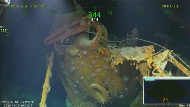 Обломки от USS Juneau, корабля ВМС США, затопленного японскими торпедами 76 лет назад, обнаруженного в южной части Тихого океана. 19 марта 2018