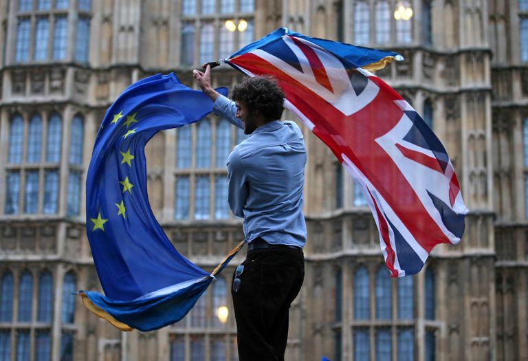 Участник протеста против Brexit возле здания парламента в Лондоне Участник протеста против Brexit возле здания парламента в Лондоне
