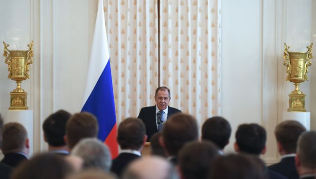 Министр иностранных дел России Сергей Лавров во время встречи с российскими дипломатами в Москве. 9 апреля 2018 Министр иностранных дел России Сергей Лавров во время встречи с российскими дипломатами в Москве. 9 апреля 2018
