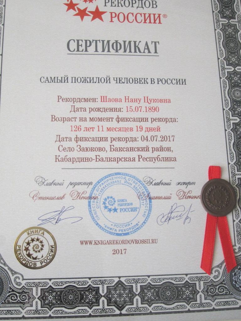 Сертификат самого пожилого человека в России