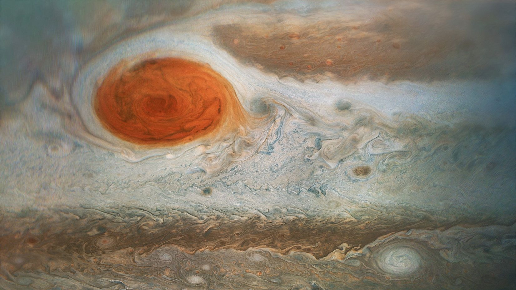 Большое красное пятно Юпитера снятое зондом Juno Большое красное пятно Юпитера снятое зондом Juno - РИА Новости, 1920, 28.10.2021