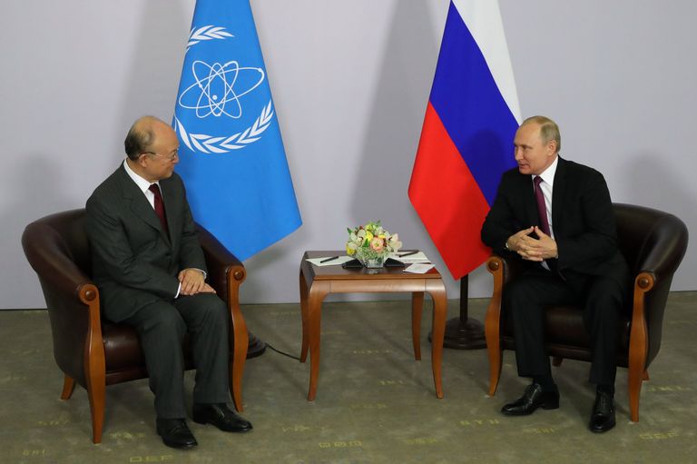 Президент РФ Владимир Путин и генеральный директор Международного агентства по атомной энергии Юкия Амано во время встречи. 14 мая 2018