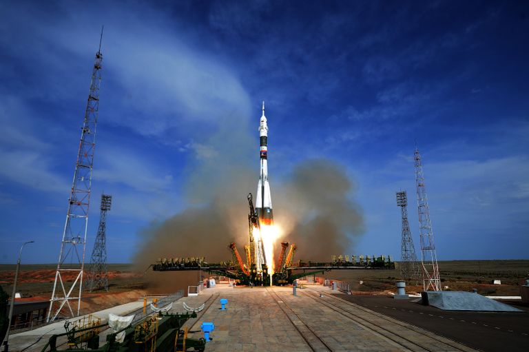 Пуск ракеты-носителя Союз-ФГ с пилотируемым кораблем Союз МС-09 со стартового стола первой Гагаринской стартовой площадки космодрома Байконур. 6 июня 2018