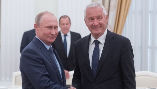 Владимир Путин и генеральный секретарь Совета Европы Турбьерн Ягланд во время встречи. 20 июня 2018 Владимир Путин и генеральный секретарь Совета Европы Турбьерн Ягланд во время встречи. 20 июня 2018