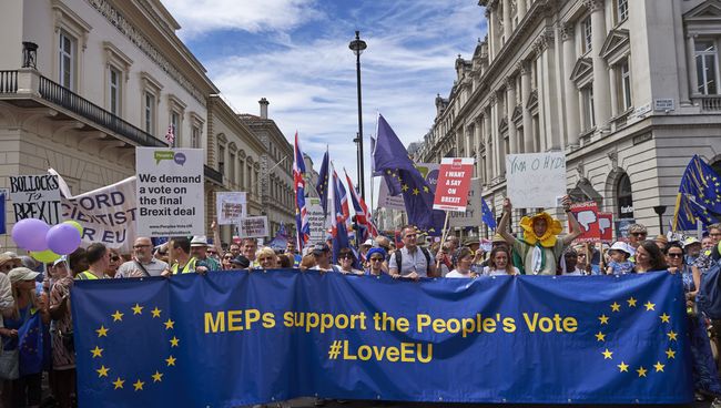 Участники акции протеста против предстоящего Brexit в Лондоне, Великобритания. 23 июня 2018 Участники акции протеста против предстоящего Brexit в Лондоне, Великобритания. 23 июня 2018