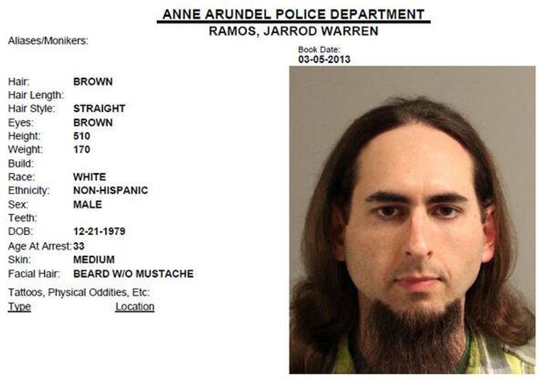 Подозреваемый в убийстве пяти человек в офисах газетной газеты Capital Gazette» в Аннаполисе 28 июня 2018 года Джеррод Уоррен Рамос