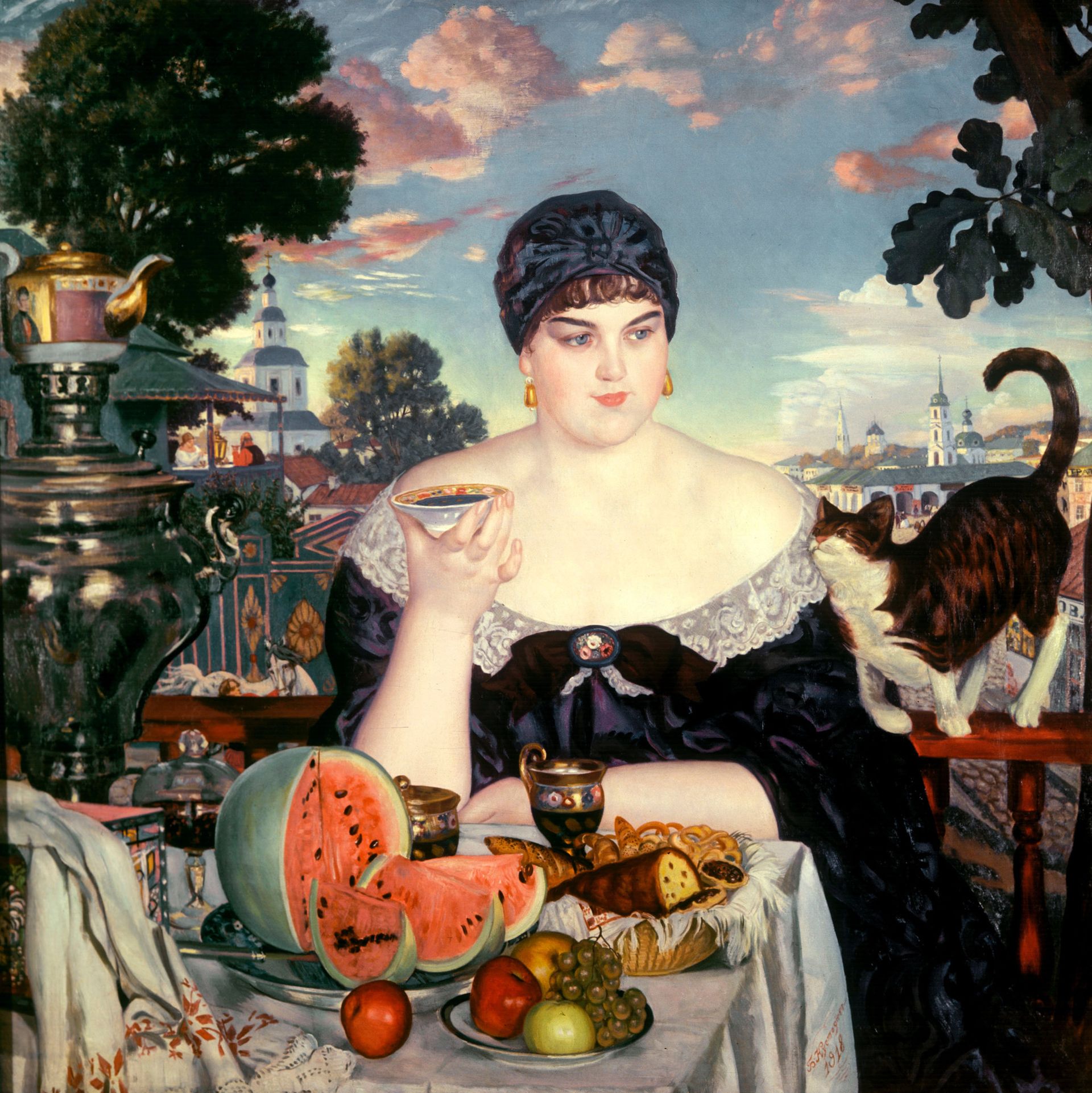 Репродукция картины Бориса Кустодиева Купчиха за чаем, 1918 Репродукция картины Бориса Кустодиева Купчиха за чаем, 1918 - РИА Новости, 1920, 21.10.2022