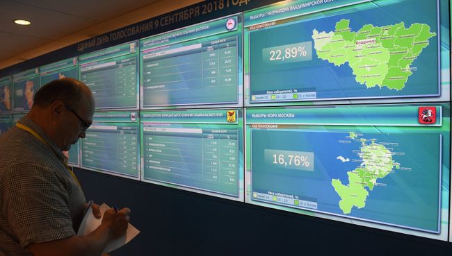 Предварительные результаты выборов в регионах России на инфоэкранах в Информационном центре ЦИК России. Архивное фото Предварительные результаты выборов в регионах России на инфоэкранах в Информационном центре ЦИК России. Архивное фото