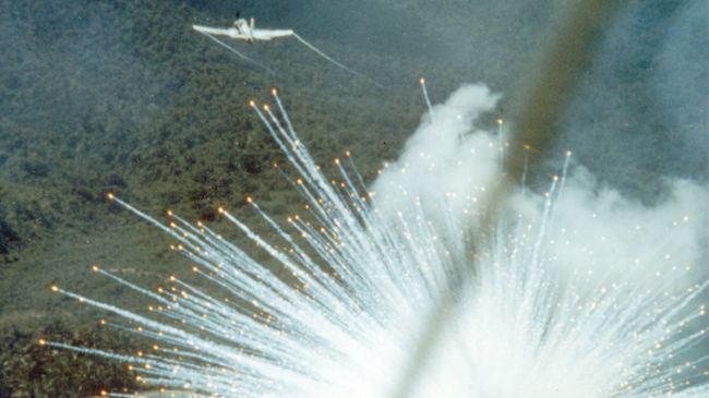 Американский штурмовик A-1E сбрасывает фосфорную бомбу в ходе войны во Вьетнаме, 1966 год