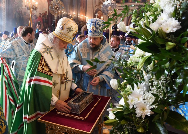 Патриарх Московский и всея Руси Кирилл на церемонии встречи мощей святителя Спиридона Тримифунтского в Храме Христа Спасителя. 21 сентября 2018 Патриарх Московский и всея Руси Кирилл на церемонии встречи мощей святителя Спиридона Тримифунтского в Храме Христа Спасителя. 21 сентября 2018