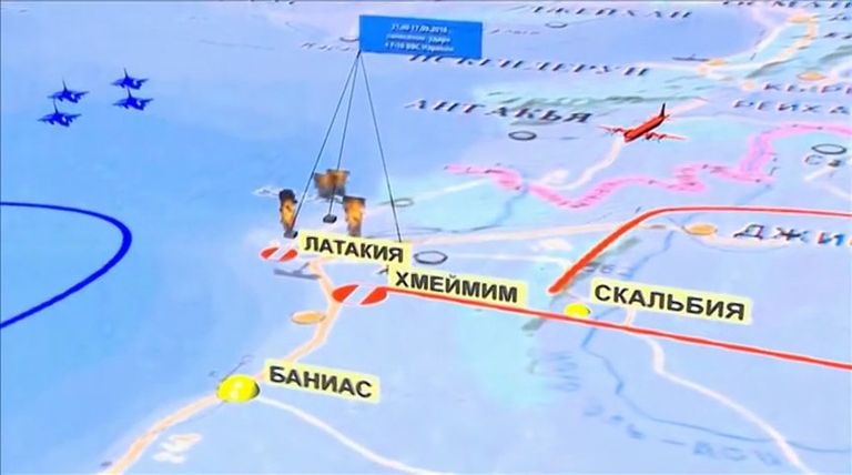 Фрагмент инфографики, демонстрируемый на специальном брифинге министерства обороны России об обстоятельствах крушения Ил-20 ВКС России у побережья Сирии Фрагмент инфографики, демонстрируемый на специальном брифинге министерства обороны России об обстоятельствах крушения Ил-20 ВКС России у побережья Сирии
