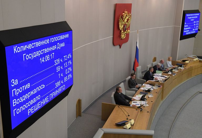 Табло с результатами голосования на заседании Государственной Думы РФ о принятии во втором чтении законопроекта о пенсионной реформе Табло с результатами голосования на заседании Государственной Думы РФ о принятии во втором чтении законопроекта о пенсионной реформе