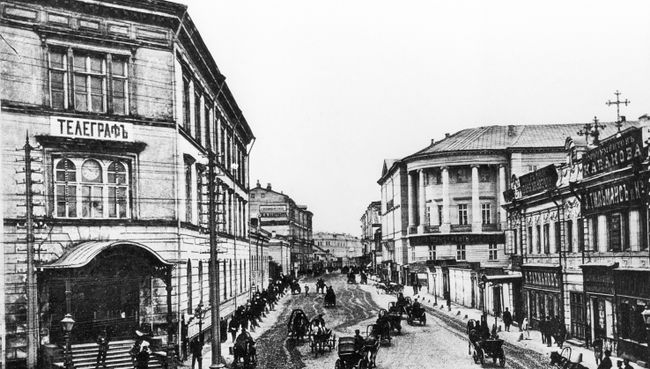 Гравюра Мясницкая улица от Почтамта. 1883 год. Репродукция Гравюра Мясницкая улица от Почтамта. 1883 год. Репродукция