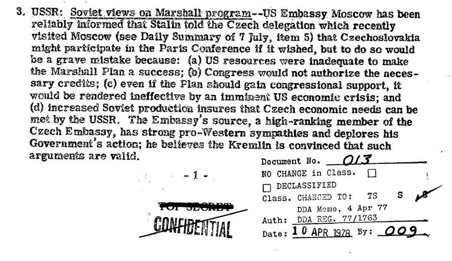 Фрагмент сводки донесений разведки США от 15 мая 1947 года Фрагмент сводки донесений разведки США от 15 мая 1947 года