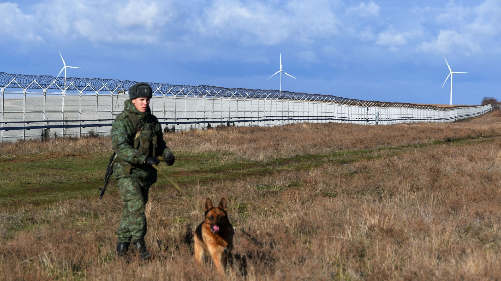 Российский пограничник со служебной собакой у заграждения, возведенного в Крыму на границе с Украиной Российский пограничник со служебной собакой у заграждения, возведенного в Крыму на границе с Украиной - РИА Новости, 1920, 02.04.2021