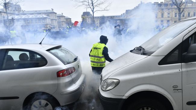 Участник протестной акции жёлтых жилетов в Париже. 5 января 2019 Участник протестной акции жёлтых жилетов в Париже. 5 января 2019