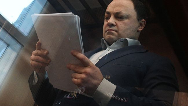 Бывший мэр Владивостока Игорь Пушкарев, обвиняемый во взяточничестве, во время заседания в Тверском суде Москвы. 25 января 2019