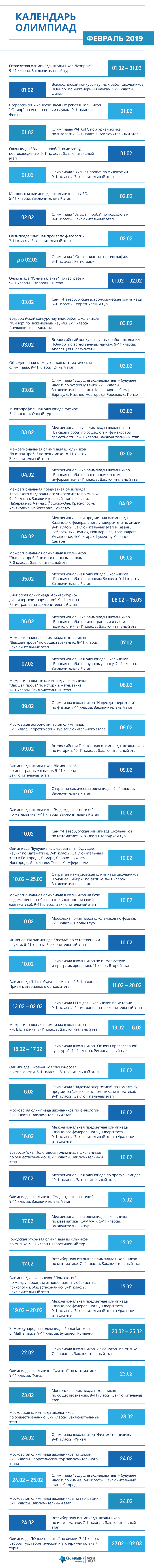 Календарь олимпиад. Февраль 2019