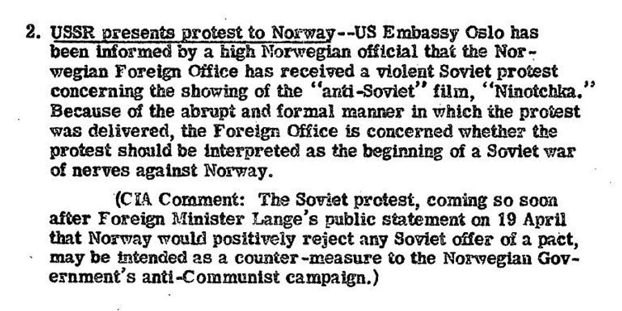 Сообщение ЦРУ от 28 апреля 1948 года о советской ноте МИД Норвегии из-за показа фильма Ниночка Сообщение ЦРУ от 28 апреля 1948 года о советской ноте МИД Норвегии из-за показа фильма Ниночка