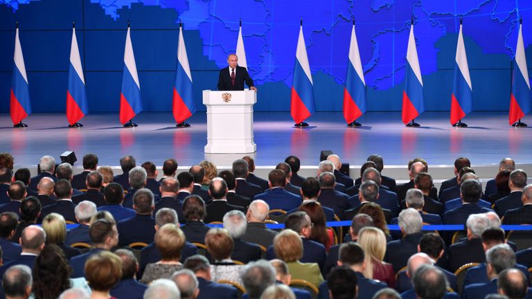 Президент РФ Владимир Путин выступает с ежегодным посланием Федеральному Собранию. 20 февраля 2019