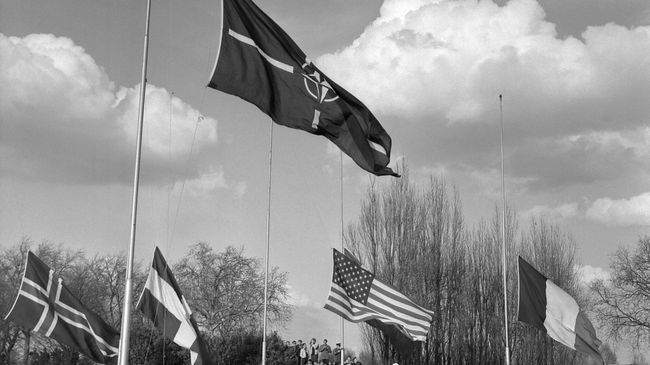 Флаги стран — участниц НАТО в пригороде Парижа Рокенкуре, 1967 год Флаги стран — участниц НАТО в пригороде Парижа Рокенкуре, 1967 год