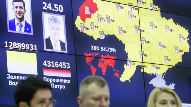Монитор с информацией о предварительных результатах подсчета голосов второго тура президентских выборов в ЦИК Украины