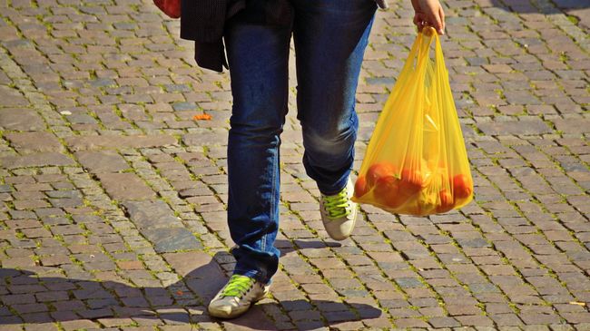 Покупатель с продуктами в пластиковом пакете Покупатель с продуктами в пластиковом пакете