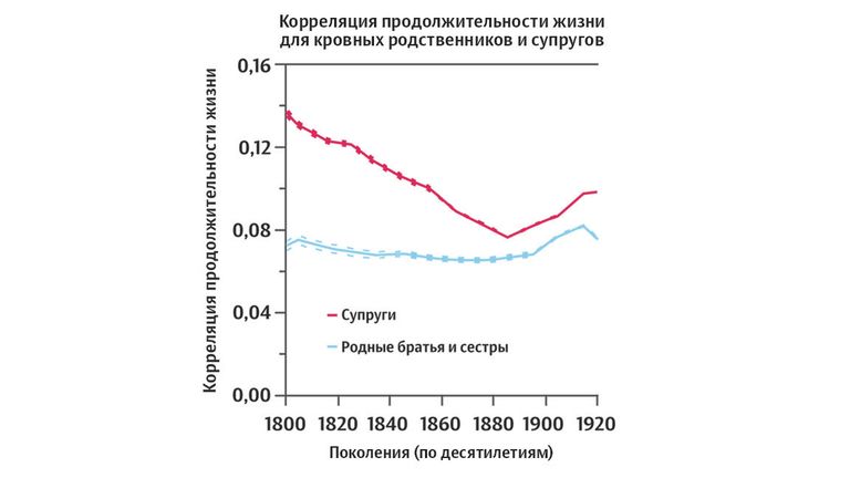 Корреляция продолжительности жизни для кровных родственников и супругов Корреляция продолжительности жизни для кровных родственников и супругов