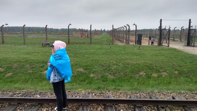 Посетительница музея Аушвиц-Биркенау в Польше Посетительница музея Аушвиц-Биркенау в Польше