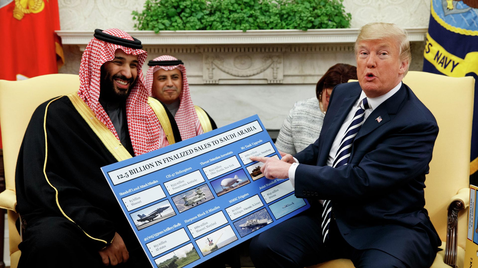 Наследный принц Саудовской Аравии Мухаммед бен Салман и президент США Дональд Трамп во время встречи в Белом доме. 20 марта 2018 Наследный принц Саудовской Аравии Мухаммед бен Салман и президент США Дональд Трамп во время встречи в Белом доме. 20 марта 2018 - РИА Новости, 1920, 19.05.2019