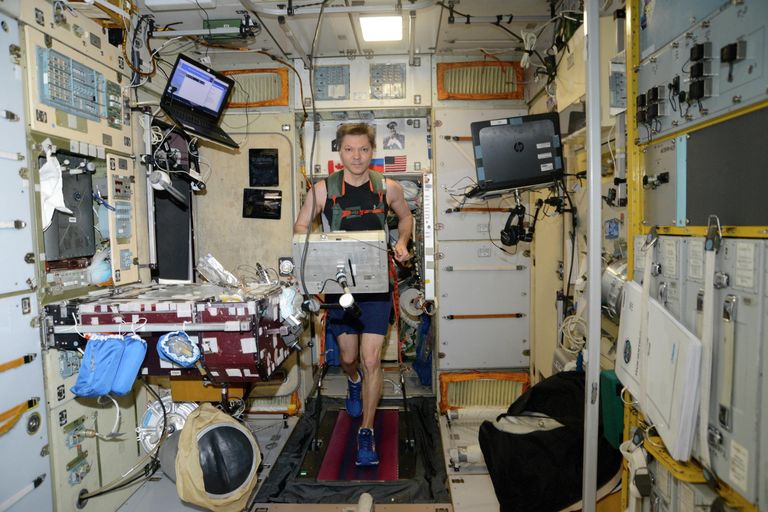 Российский космонавт Олег Кононенко бегает на российской дорожке БД-2 в модуле Звезда на МКС