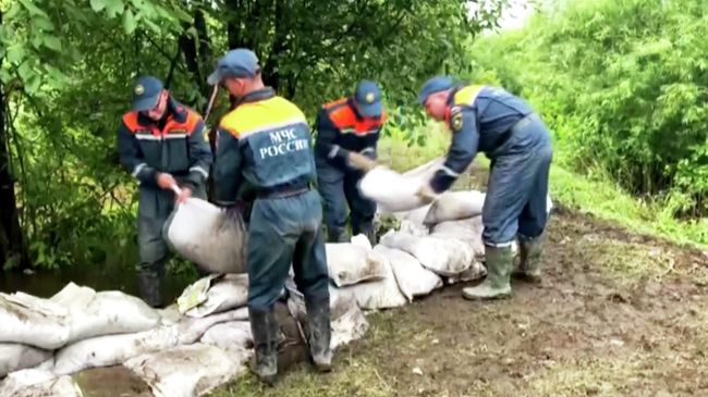 Сотрудники МЧС РФ укладывают мешки с песком в подтопленном районе Амурской области. Сотрудники МЧС РФ укладывают мешки с песком в подтопленном районе Амурской области.