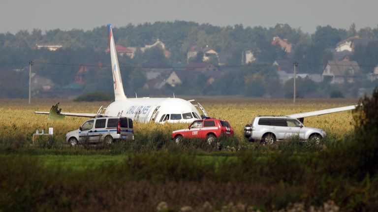 Самолет Airbus А-321 авиакомпании Уральские авиалинии после аварийной посадки в Жуковском Самолет Airbus А-321 авиакомпании Уральские авиалинии после аварийной посадки в Жуковском