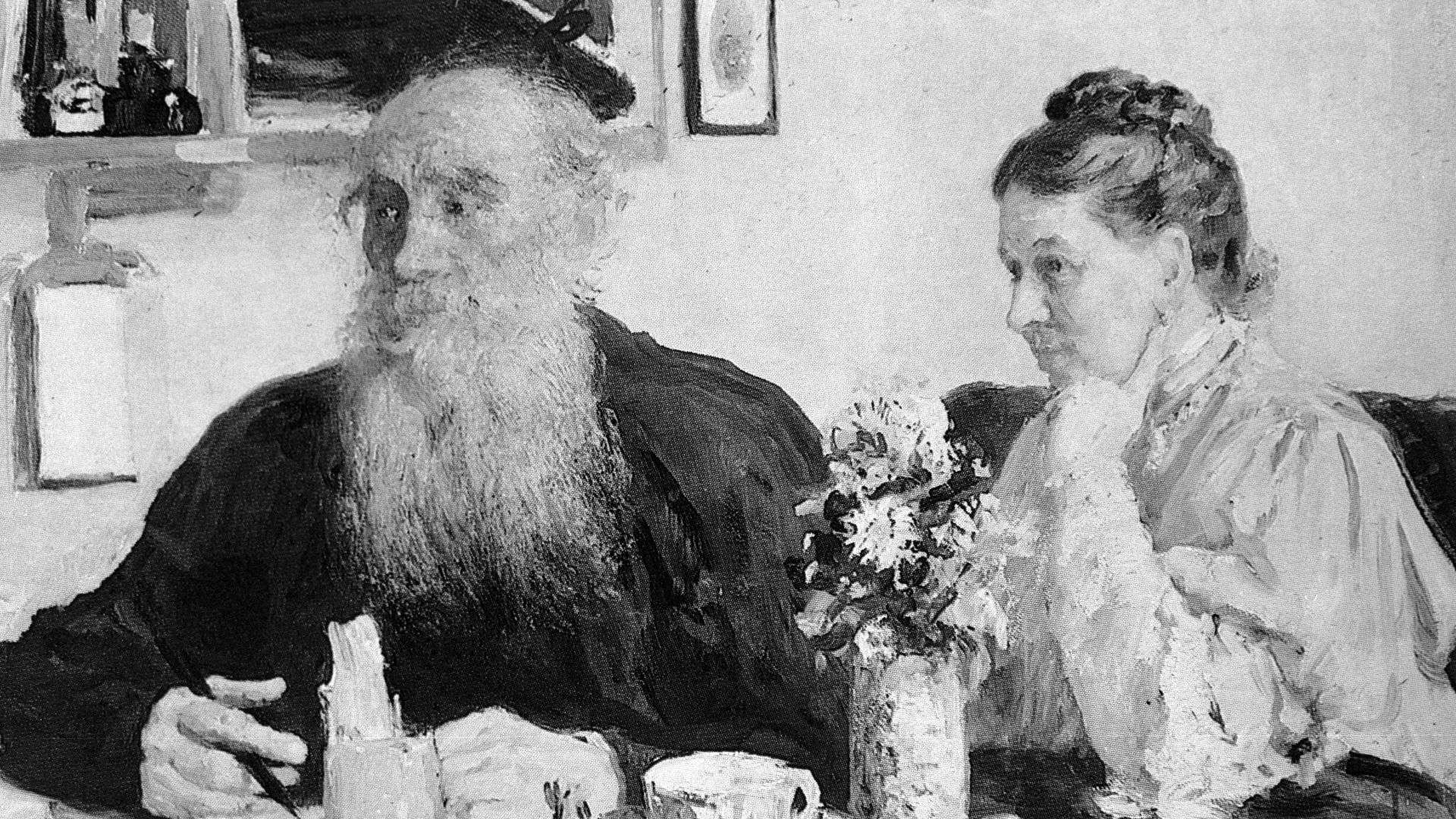 Репродукция картины художника Ильи Репина Лев Николаевич Толстой и Софья Андреевна Толстая за столом. Репродукция картины художника Ильи Репина Лев Николаевич Толстой и Софья Андреевна Толстая за столом. - РИА Новости, 1920, 22.11.2022
