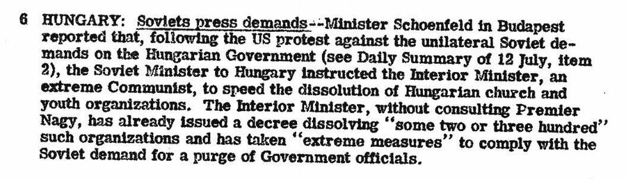Фрагмент  сводки ЦРУ от 26 июля 1946 года о предписании СССР закрыть общественные организации в Венгрии