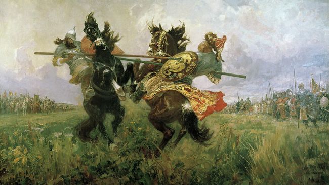 Картина Поединок Пересвета с Челубеем на Куликовом поле художник Михаил Иванович Авилов 1943г Картина Поединок Пересвета с Челубеем на Куликовом поле художник Михаил Иванович Авилов 1943г
