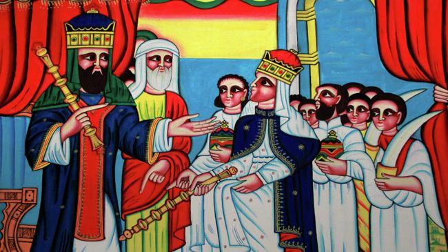 Встреча царя Соломона с царицей Савской. Картина из музея Аксума. Эфиопия Встреча царя Соломона с царицей Савской. Картина из музея Аксума. Эфиопия