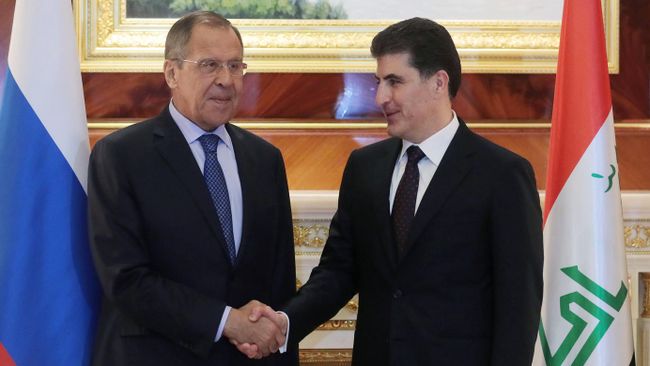 Министр иностранных дел РФ Сергей Лавров и президент Иракского Курдистана Нечирван Барзани во время встречи в Эрбиле. 7 октября 2019
