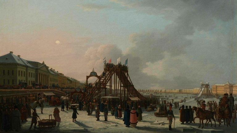 Катание с ледяных гор на реке Неве во время масленицы. 1803. Россия, Санкт-Петербург, Адмиралтейский район. Бенжамен Патерсен
