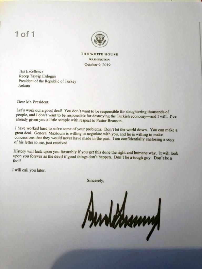 Письмо президента США Дональда Трампа президенту Турции Реджепу Тайипу Эрдогану Письмо президента США Дональда Трампа президенту Турции Реджепу Тайипу Эрдогану