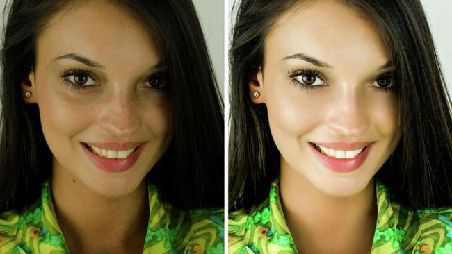 Портрет девушки до и после ретуширования в фотошопе