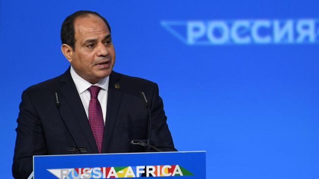 Президент Египта Абдель Фаттах ас-Сиси выступает на пленарном заседании экономического форума Россия - Африка в Сочи
