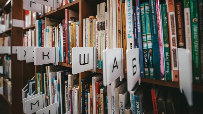 Книжные полки в библиотеке Книжные полки в библиотеке