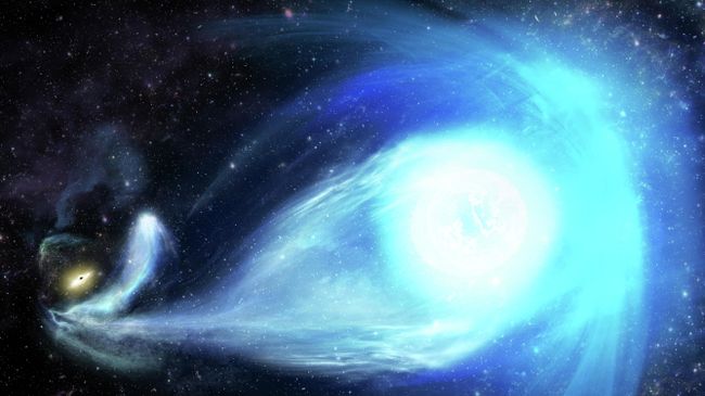 Так в представлении художника выглядит сверхбыстрая звезда S5-HVS1, выброшенная черной дырой Стрелец А* в центре Млечного Пути. В левом углу видна галактика с черной дырой в центре и бинарный компаньон звезды S5-HVS1 Так в представлении художника выглядит сверхбыстрая звезда S5-HVS1, выброшенная черной дырой Стрелец А* в центре Млечного Пути. В левом углу видна галактика с черной дырой в центре и бинарный компаньон звезды S5-HVS1