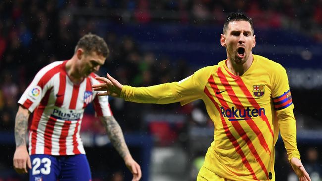 Barcelona's Argentine forward Lionel Messi celebrates after scoring during the Spanish league football match between Club Atletico de Madrid and FC Barcelona at the Wanda Metropolitano stadium in Madrid, on December 1, 2019. (Photo by GABRIEL BOUYS / AFP) Barcelona's Argentine forward Lionel Messi celebrates after scoring during the Spanish league football match between Club Atletico de Madrid and FC Barcelona at the Wanda Metropolitano stadium in Madrid, on December 1, 2019. (Photo by GABRIEL BOUYS / AFP)