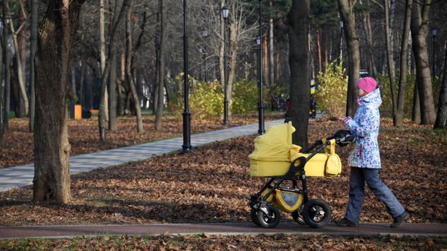 Женщина с коляской на территории Черкизовского парка в Москве Женщина с коляской на территории Черкизовского парка в Москве