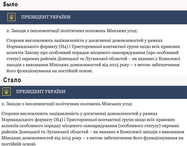 Часть текста коммюнике Нормандской четверки на сайте Президента Украины, подвергшаяся изменениям