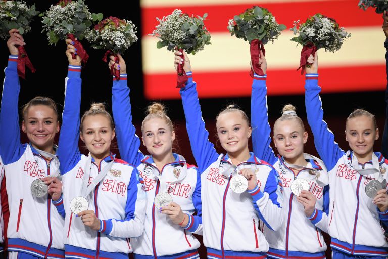 Гимнастки сборной России Мария Пасека, Дарья Спиридонова, Лилия Ахаимова, Ангелина Мельникова, Анастасия Щеколдина, Анастасия Агафонова