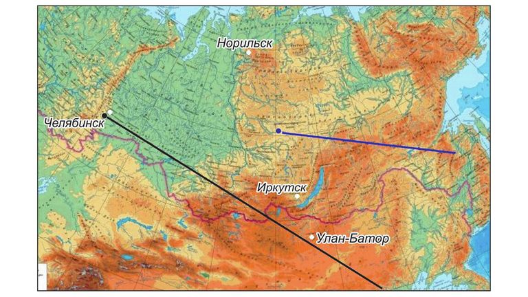 Карта с траекториями пролетов Тунгусского (синий цвет) и Челябинского (черный цвет) болидов над поверхностью Земли Карта с траекториями пролетов Тунгусского (синий цвет) и Челябинского (черный цвет) болидов над поверхностью Земли